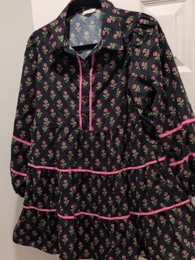 JODIFL Black Dress with Pink and Green Floral Print With Pockets Size S
